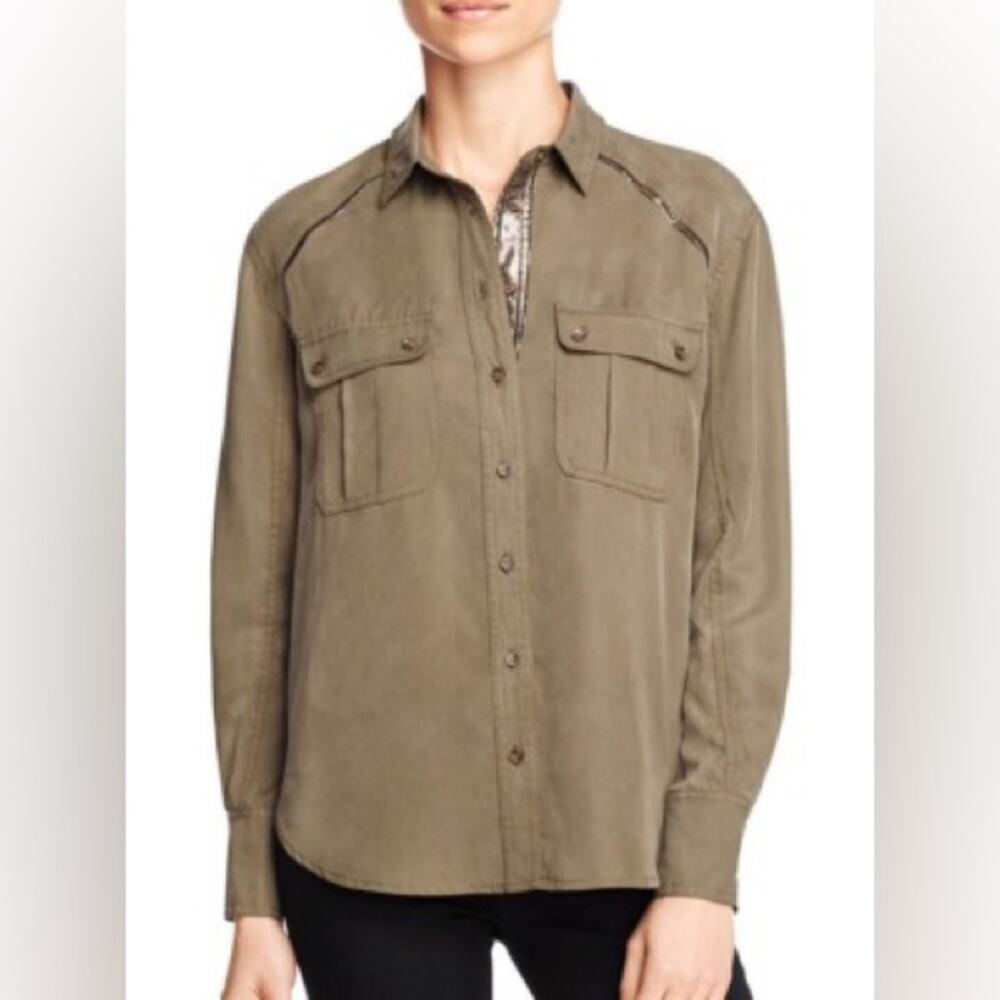 Free People Off Campus Army Green Metallic Trim Button Down Shirt Size Large